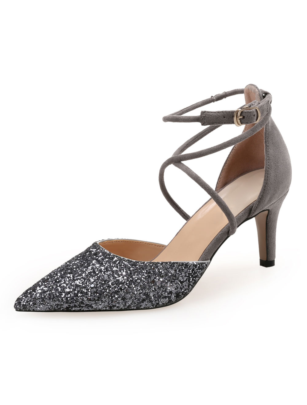 Grey High Heels Glitter Pointed Toe Criss Cross Ankle Strap Evening ...