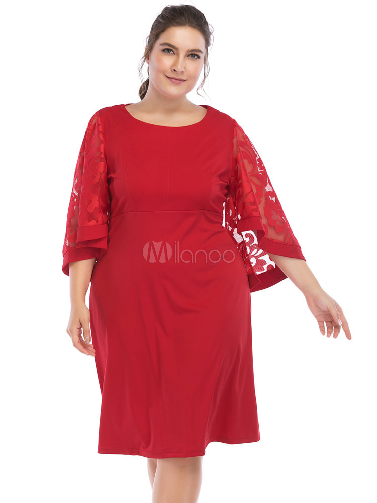 Vestido de grandes Vestidos de manga larga de encaje de encaje rojo -