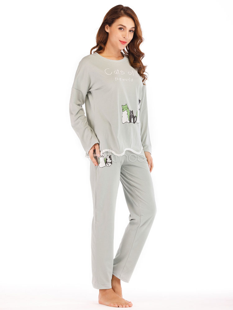 Women Pajamas Loungewear Cat Print Grey Lingerie Sleepwear - Milanoo.com