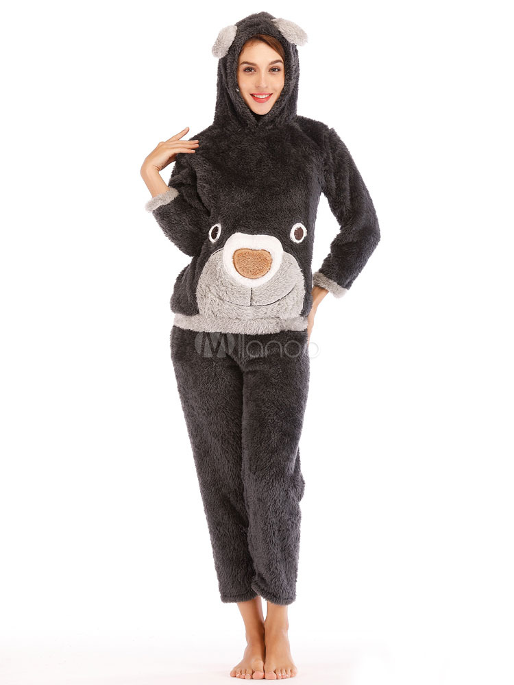 Notte Pigiama Di Orecchie Da Flanella Donna Orso 4TwSP