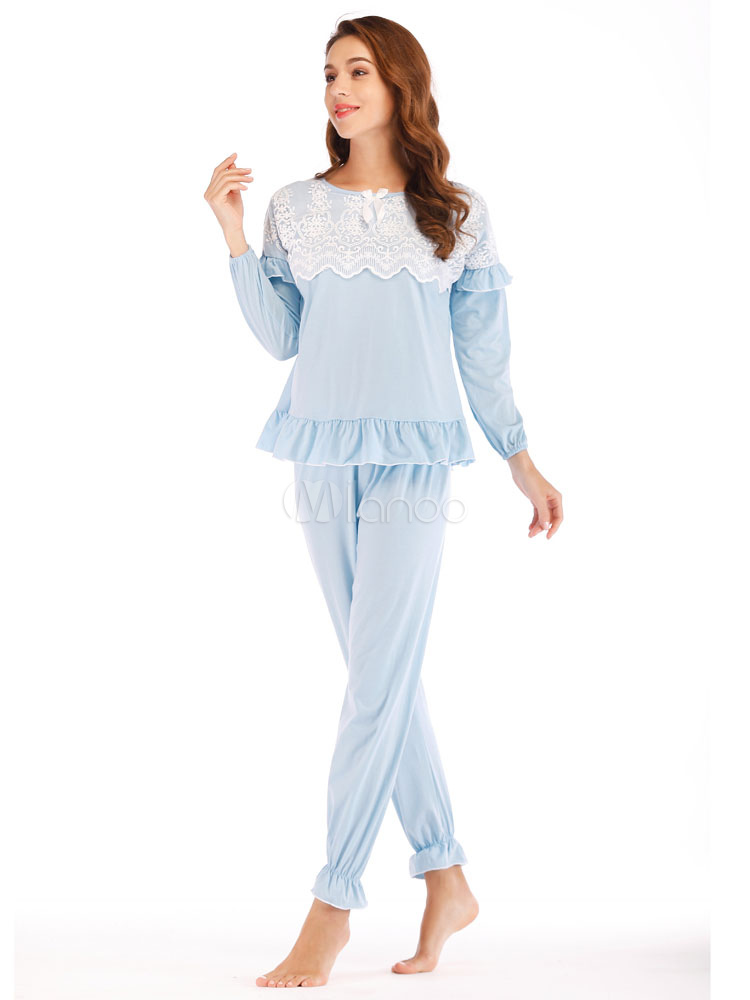 Women Pajamas Loungewear Light Blue Lace Patch Ruffles Lingerie Sleepwear