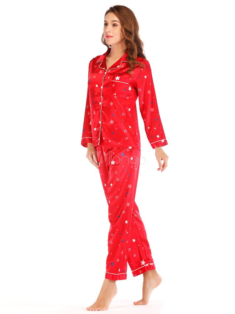 Women Christmas Pajamas Silk Like Red Loungewear Star Print Lingerie Sleepwear - www.semashow.com