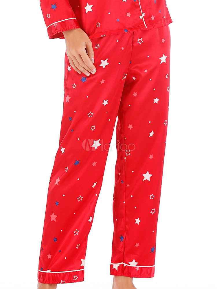 Women Christmas Pajamas Silk Like Red Loungewear Star Print Lingerie Sleepwear - Milanoo.com