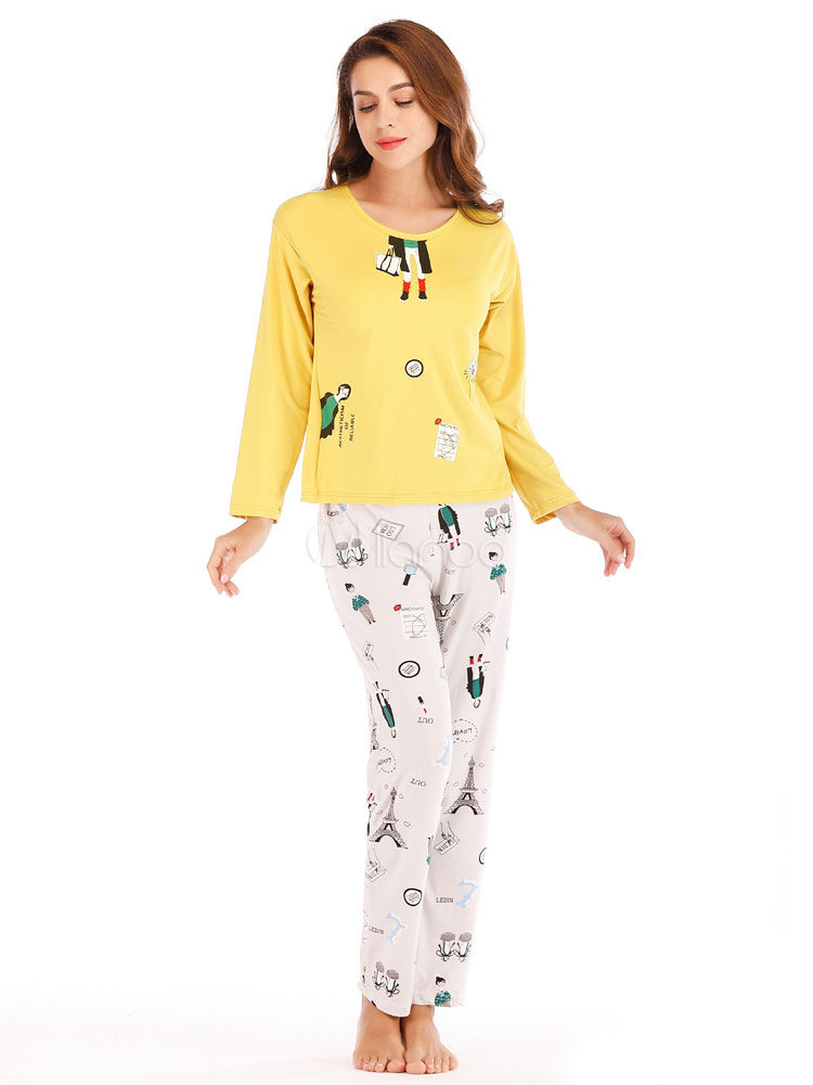 Women Pajamas Loungewear Cartoon Characters Print Two Tone Lingerie  Sleepwear 