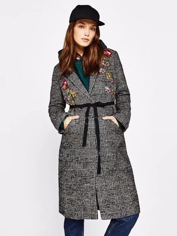 Women Plaid Coat Turndown Collar Winter Coat Embroidered Wrap Coat