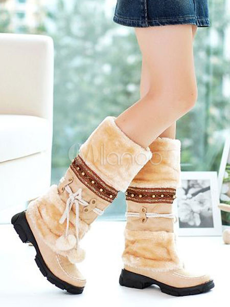 Women Winter Boots Suede Round Toe Wide Calf Boots With Pom Poms ...