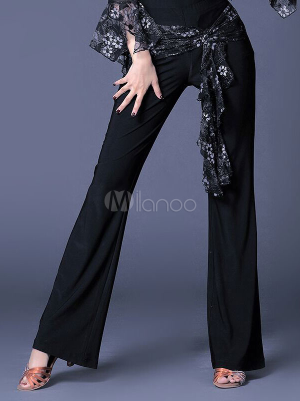 Ballroom Dance Costume Pants Women Floral Ruffles Waist Scarf Black