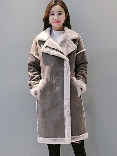Women Suede Coat Faux Fur Collar Aviator Jacket Longline Winter Coat ...