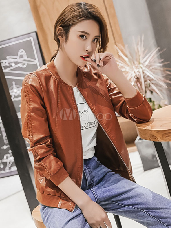 Chaqueta Moto negra para mujer, cuello redondo, manga larga, chaqueta de  cuero PU - Milanoo.com