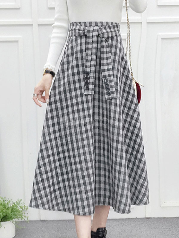 Plaid Long Skirt Buttons Cotton Blend High Waist Skirt - Milanoo.com