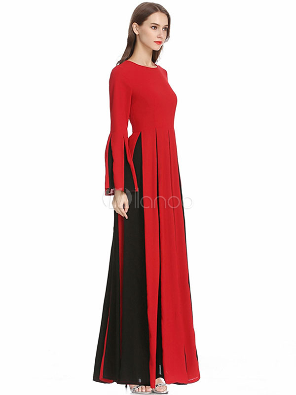 Abito lungo rosso con maniche a campana Vestito a due tonalità con maniche  lunghe - Milanoo.com