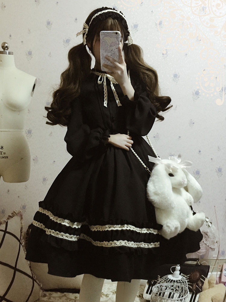 Robe Lolita OP Classique Blanc Noir Robe Simple Lolita Une Pièce Robe