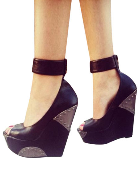 Black Wedge Shoes Women Peep Toe Ankle 