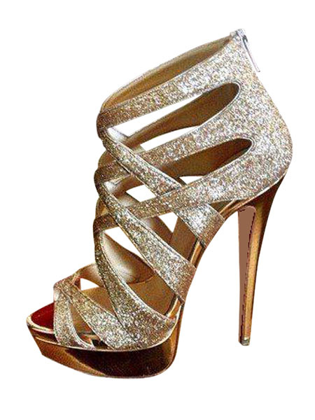Gold Evening Shoes Glitter Open Toe 