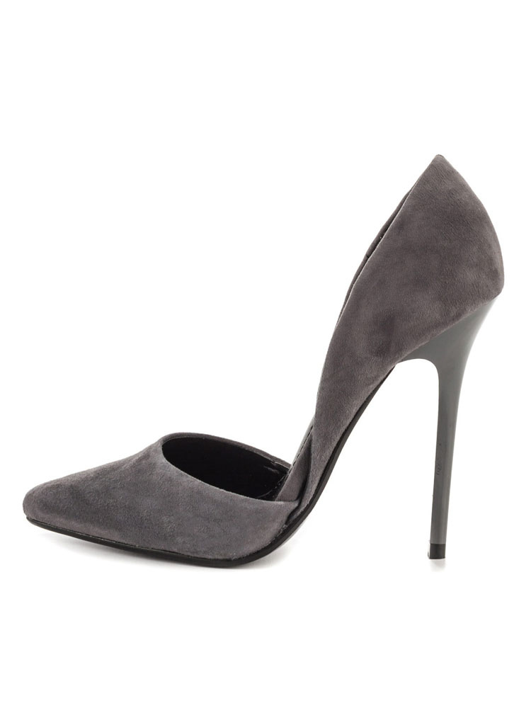 Grey High Heels Suede Pointed Toe Slip 