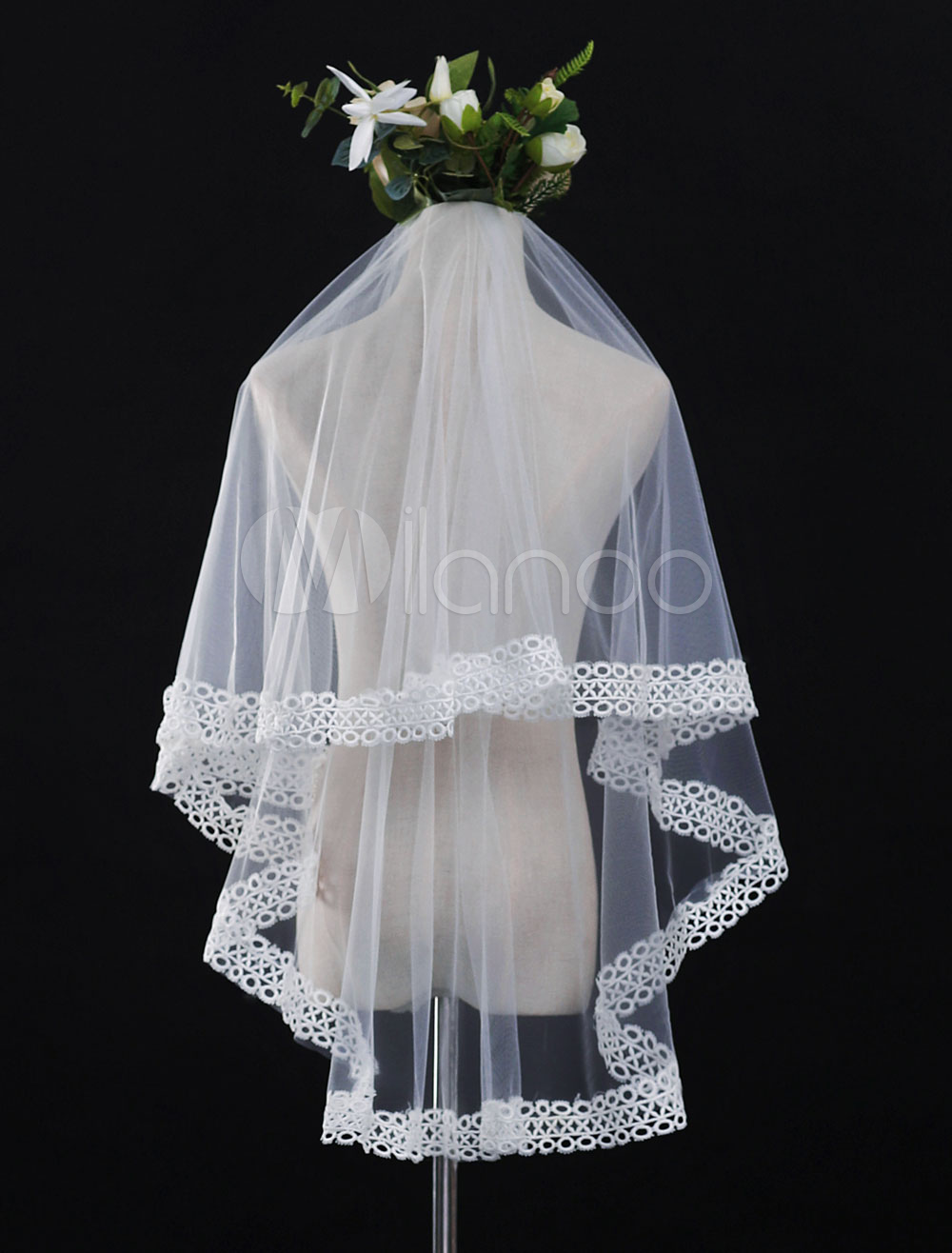 Ivory Wedding Veil One Tier Tulle Lace Applique Bridal Veils - Milanoo.com