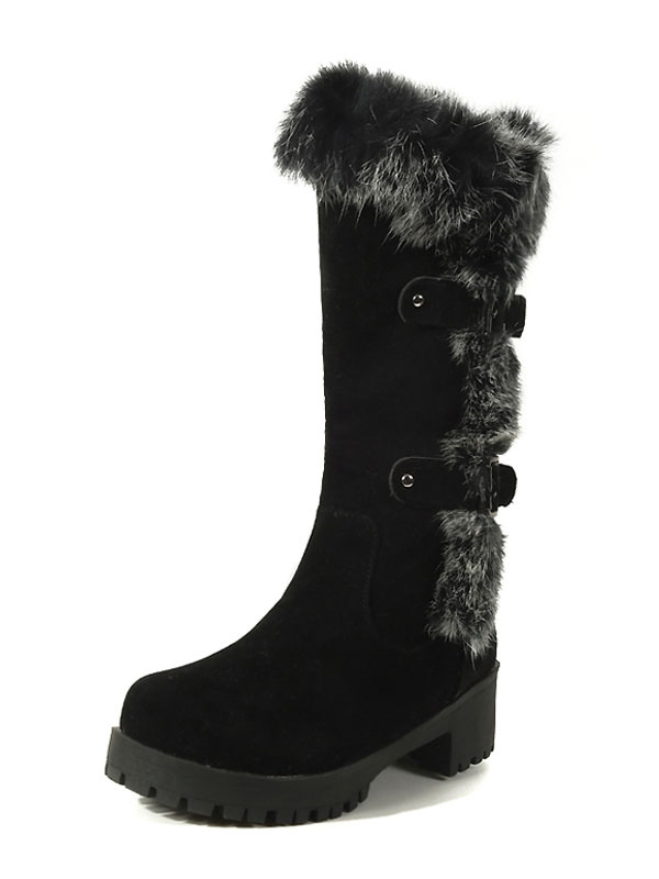 Black Winter Boots Suede Round Toe Fur 