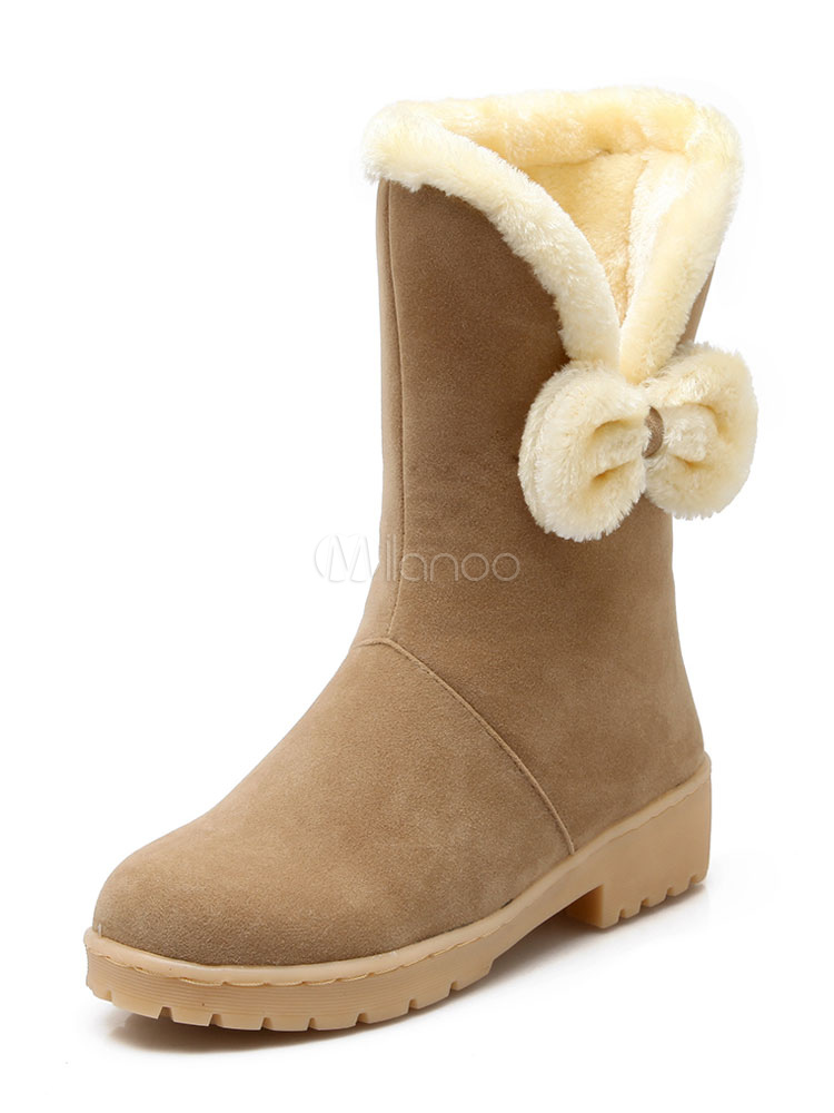 Stiefel Toe Schwarze Frauen Stiefeletten Bow Winterstiefel Wildleder Schnee Runde nOP08kw