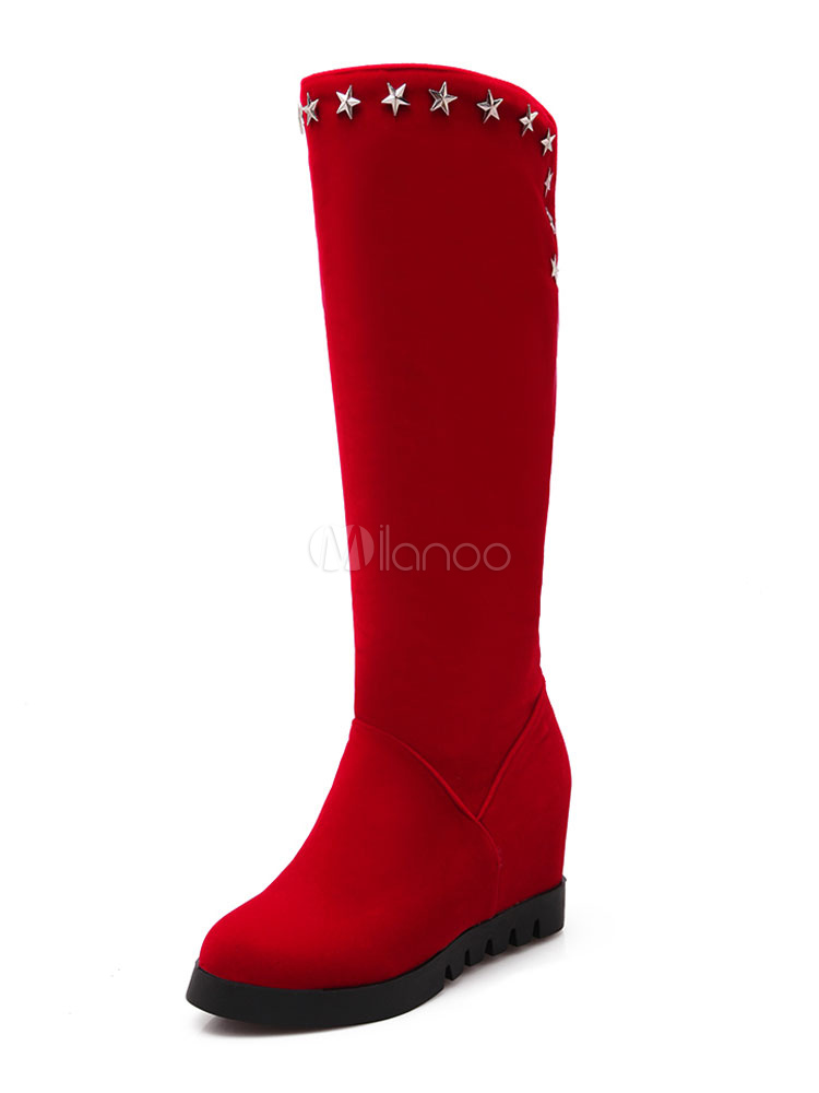 red knee high wedge boots