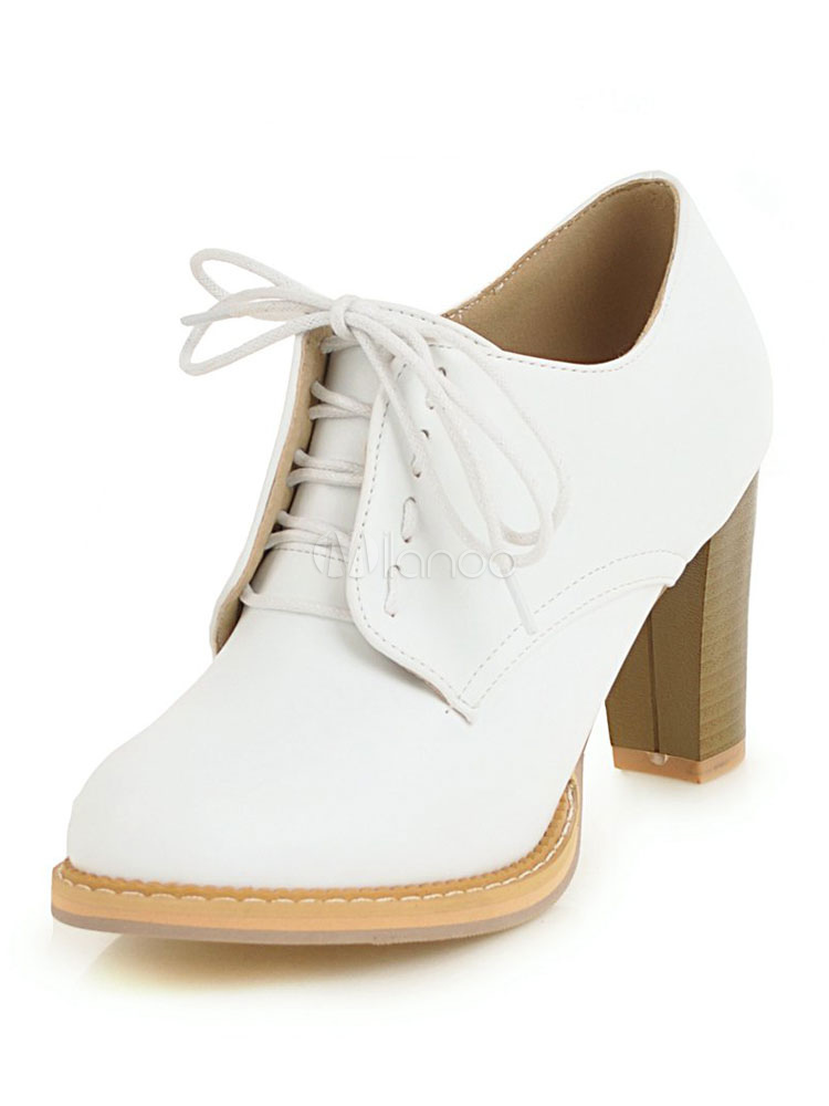 White Oxford Shoes Women Round Toe Lace Up High Heels - Milanoo.com