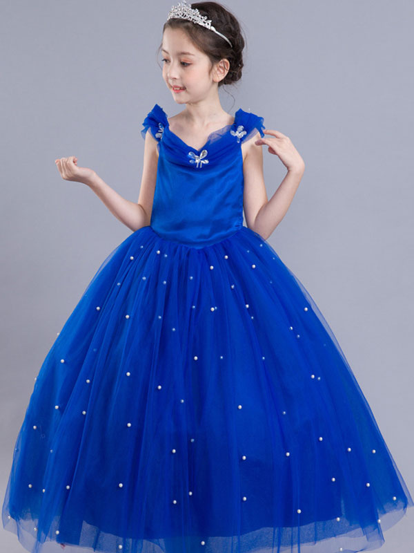 Boda Vestidos de banquete | Vestido de niña de flores azul real para niñas pequeñas Vestido de fiesta de desfile de niños con cuentas de princesa - UC87552