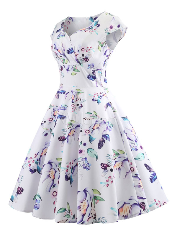 Robe Vintage Blanche Robe Rétro Florale Manches Courtes Robe trapèze plissée sweetheart