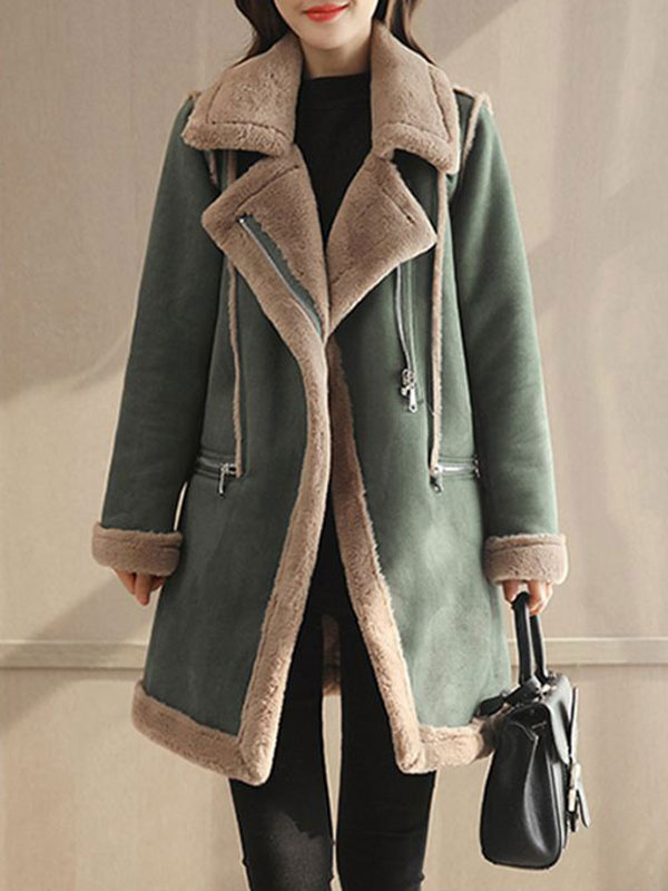 Women's Clothing Outerwear | Women Suede Coat Faux Fur Collar Shearling Coat Zip Pockets Winter Coat - JD27120