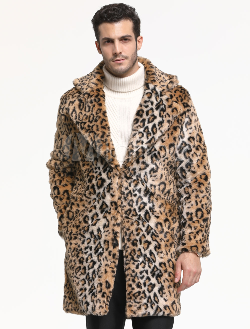 Men Faux Fur Coat Leopard Print Turndown Collar Long Sleeve Casual