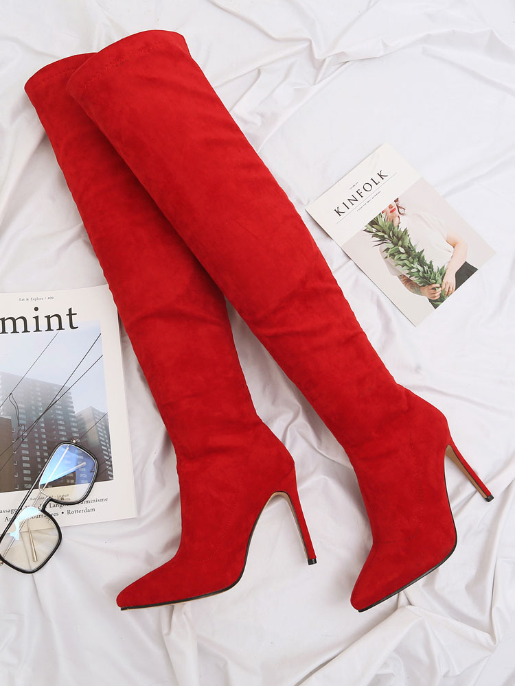 Red Over The Knee Boots Suede Pointed Toe Wide Calf High Heel Boots ...