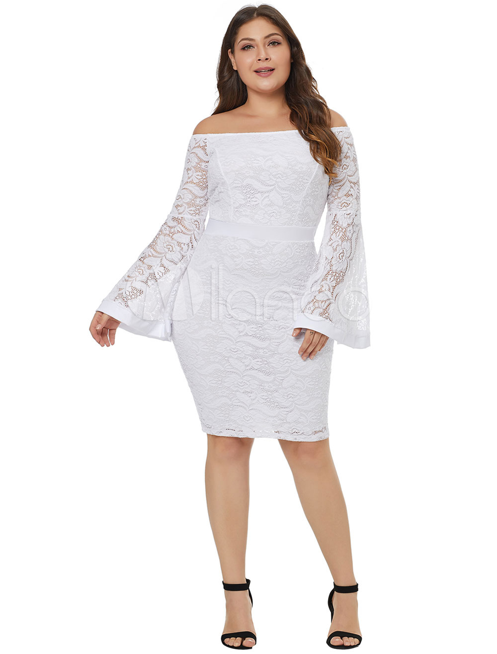 Plus Size Lace Dress White Off The Shoulder Bell Sleeve Shaping Midi Dress 7334