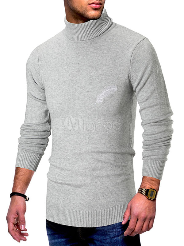 メンズプルオーバーセータータートルネックフェザー刺繍ロングスリーブグレーセーター Milanoo Jp