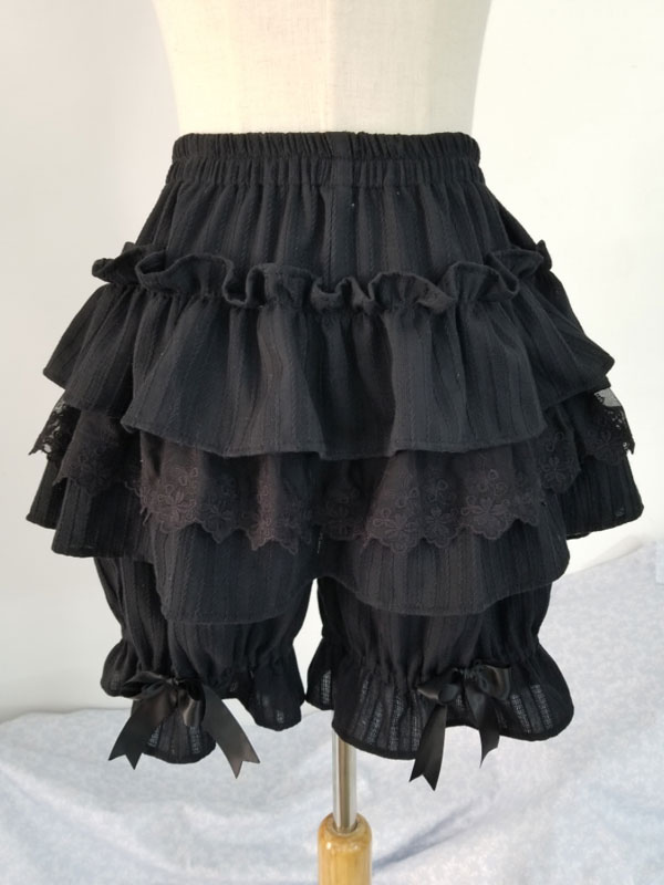 Short Lolita classique à volants avec nœud en dentelle noire et lolita en coton noir Déguisements Halloween