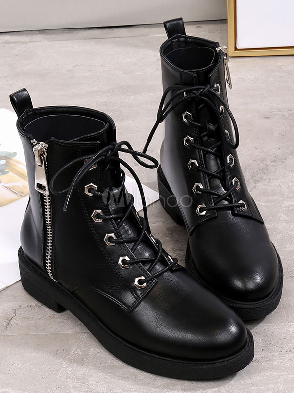 Women Combat Boots Black Ankle Boots Round Toe Zipper Detail Lace Up ...