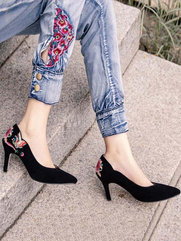 floral embroidered pointed toe chunky heeled sandals