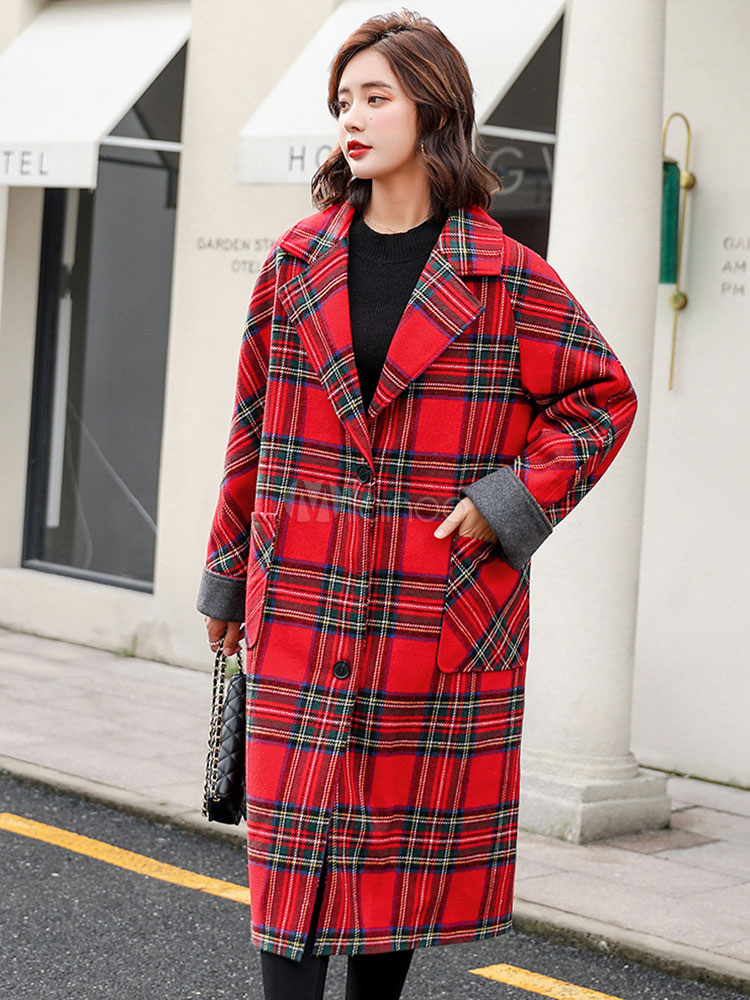 abrigo mujer rojo de cuello vuelto lana de tejido llano con dibujo de cuadros con larga con bolsillos con abertura - Milanoo.com