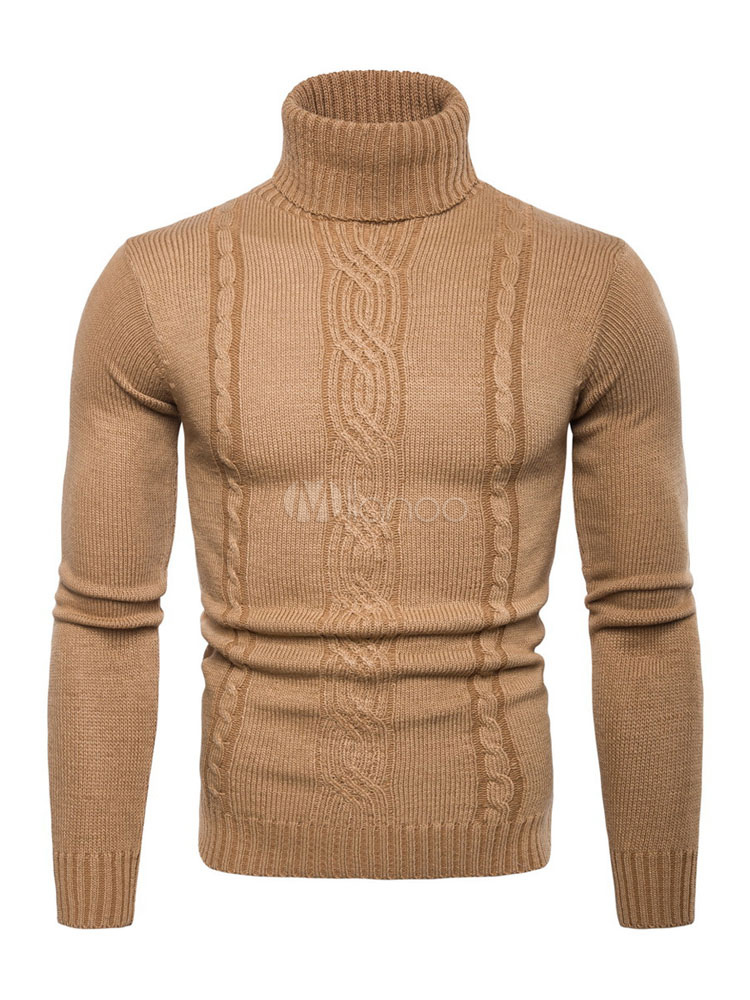 Men Pullover Sweater Turtleneck Cable Knit Long Sleeve Camel Sweater ...