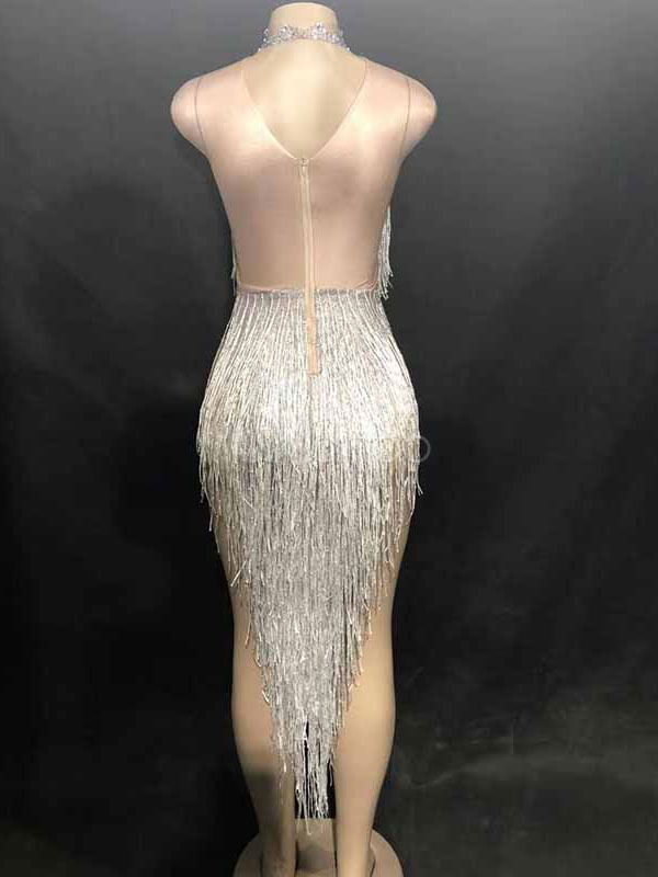 Jazz Dance Costume Silver Tassels Women Sexy Night Club Wear Jumpsuit