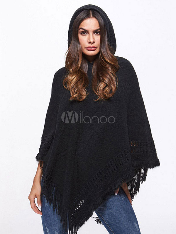 Women Sweater Poncho Long Sleeve Fringe Cotton Knit Hooded Poncho ...