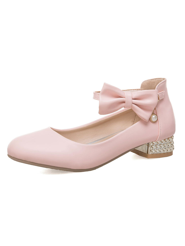 Costumes Lolita | Classic Lolita Shoes Bow Pearl Ankle Strap Metallic Puppy Heel White Lolita Pump - OU42319