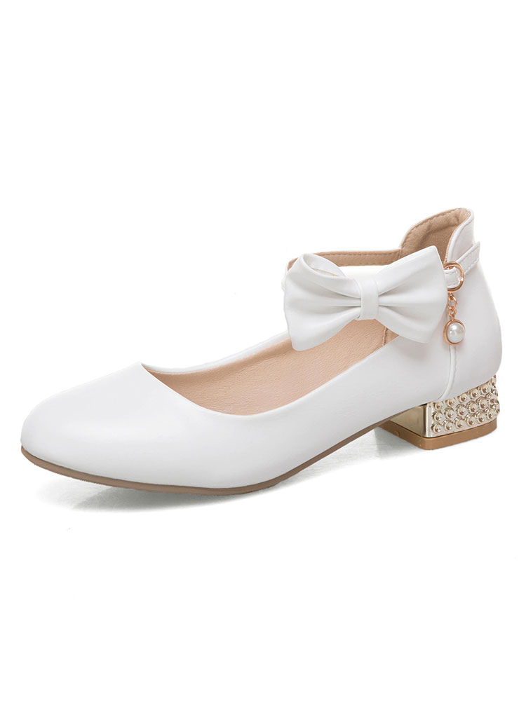 Classic Lolita Shoes Bow Pearl Ankle Strap Metallic Puppy Heel White ...