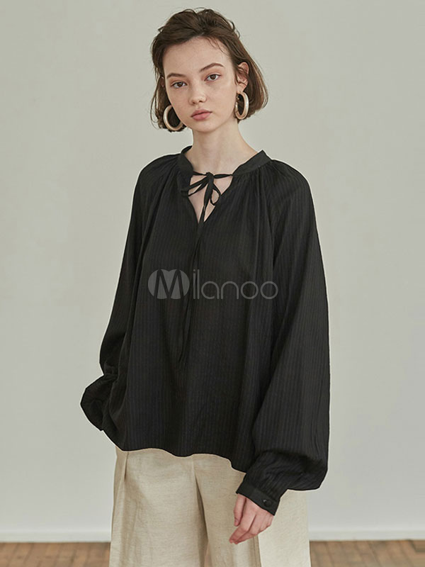 Schwarze Damenbluse Ubergrosses Geknotetes Langarm Casual Top Milanoo Com