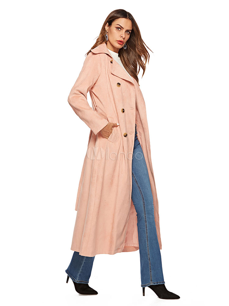 Pink Trench Coat Long Sleeve Double Breasted Buttons Winter Coat For ...