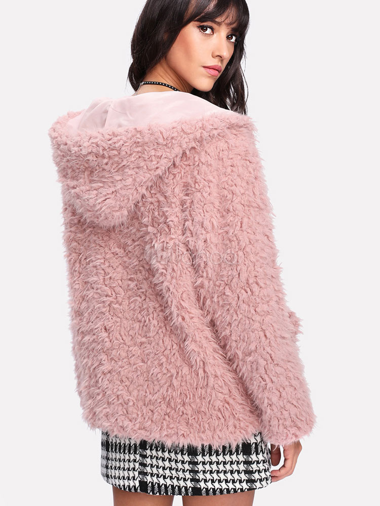 Pink Teddy Bear Coat Women Hooded Winter Coat Pockets Faux Fur Coat ...