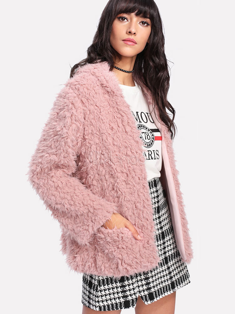 Pink Teddy Bear Coat Women Hooded Winter Coat Pockets Faux Fur Coat ...