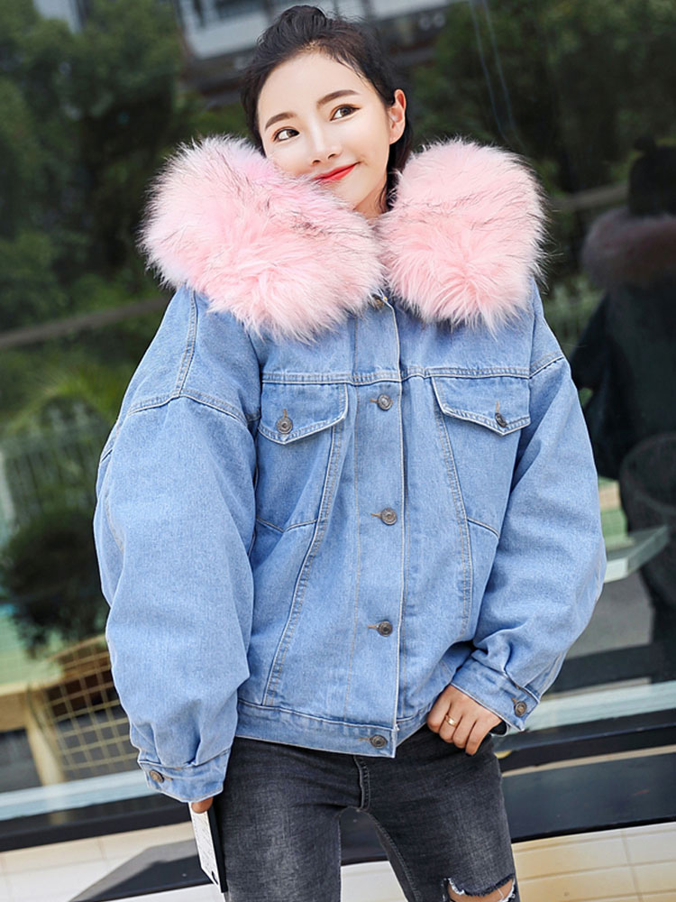 faux fur hooded denim jacket