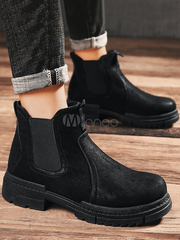Botas Chelsea de hombre Botines negros con punta redonda Botas de invierno  de ante - Milanoo.com