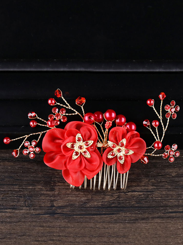 Boda Accesorios de boda | Peine Boda Tocados Flores rojas Perlas de abalorios Accesorios para el cabello nupcial - WQ06017