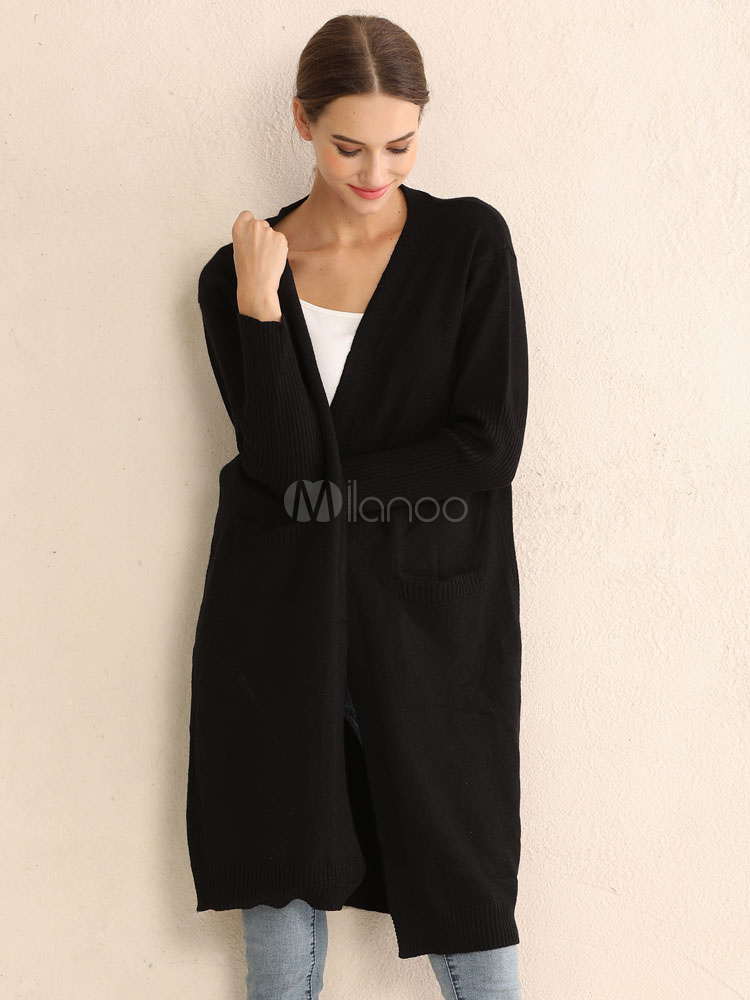 Chaqueta punto negra manga larga, chaqueta larga de punto con bolsillos - Milanoo.com
