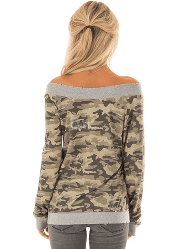 off the shoulder camo sweatshirt