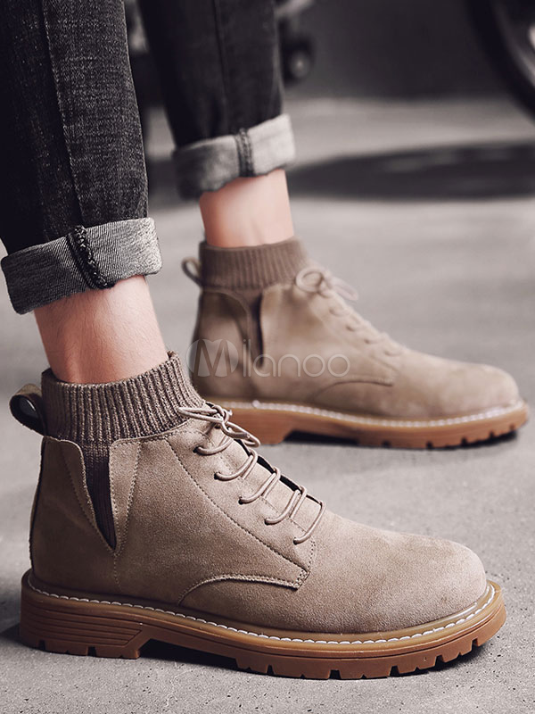 Black Ankle Boots Men Round Toe Lace Up Boots Suede Work Boots ...